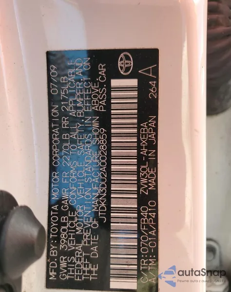 2010 Toyota Prius from USA, damaged, VIN JTDKN3DU2A0028859